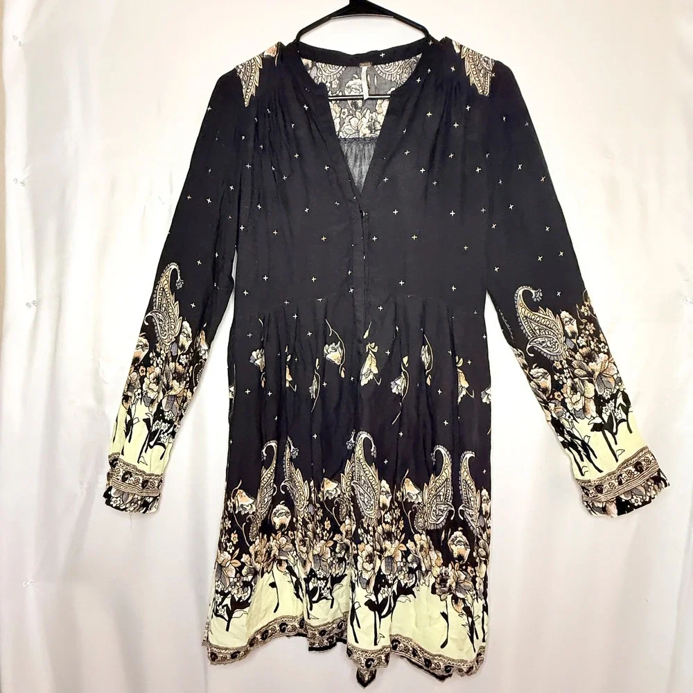 Free People Sierra Valley Mini Dress Small Black Paisley Floral Boho
